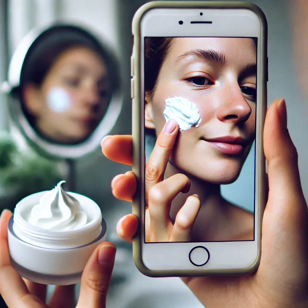 Woman applying white tallow skincare to her face while staring into her own camera