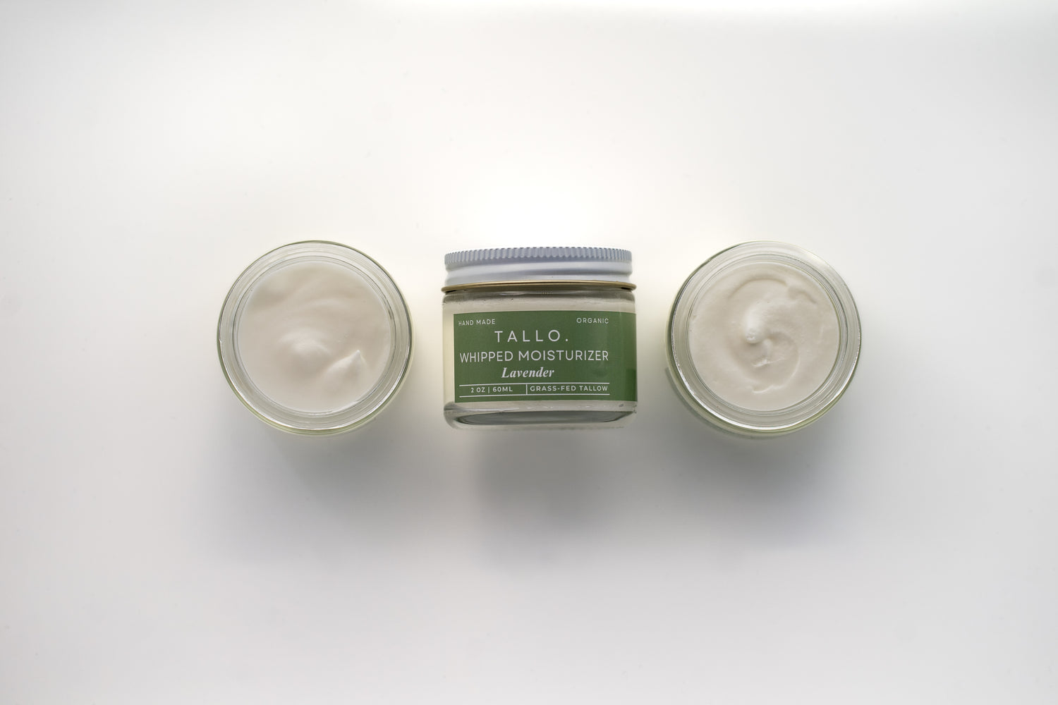 TALLO Whipped Tallow Moisturizer with Lavender – organic, grass-fed tallow skincare in 2oz glass jars, showcasing creamy, whipped texture for natural, clean, and nourishing skincare.